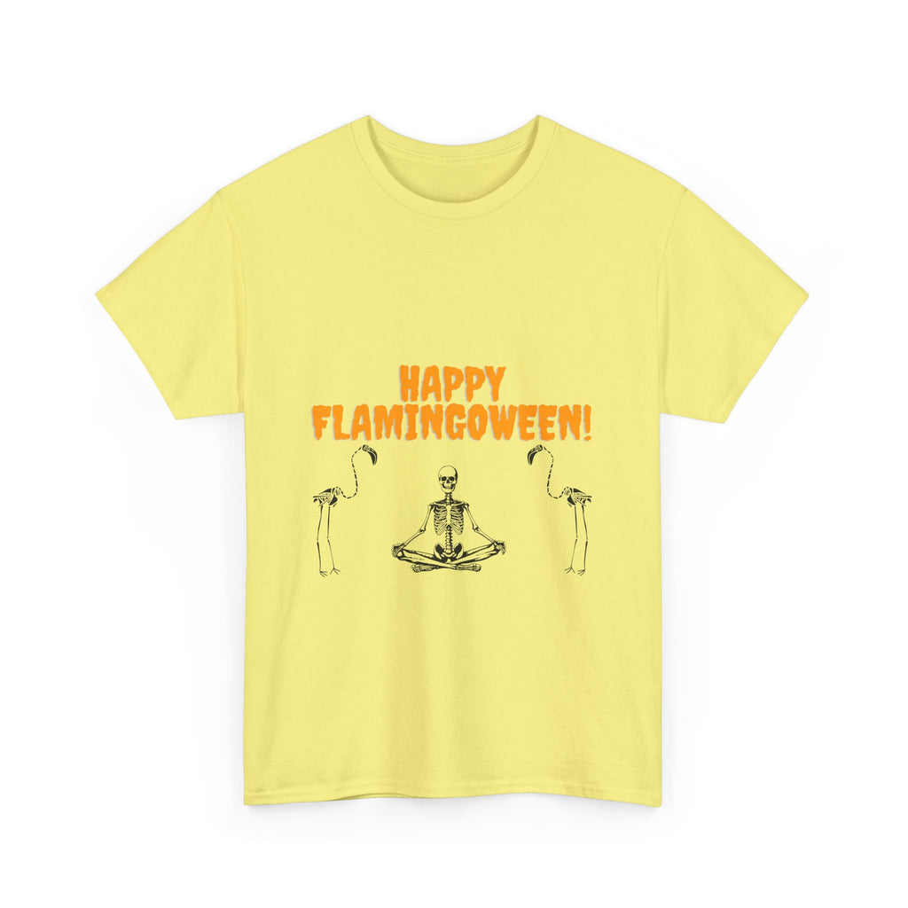 Happy Flamingoween Unisex Heavy Cotton Tee, Halloween T-Shirt, Funny Flamingo Shirt, Autumn Apparel, Unique Holiday Gift