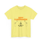 Happy Flamingoween Unisex Heavy Cotton Tee, Halloween T-Shirt, Funny Flamingo Shirt, Autumn Apparel, Unique Holiday Gift