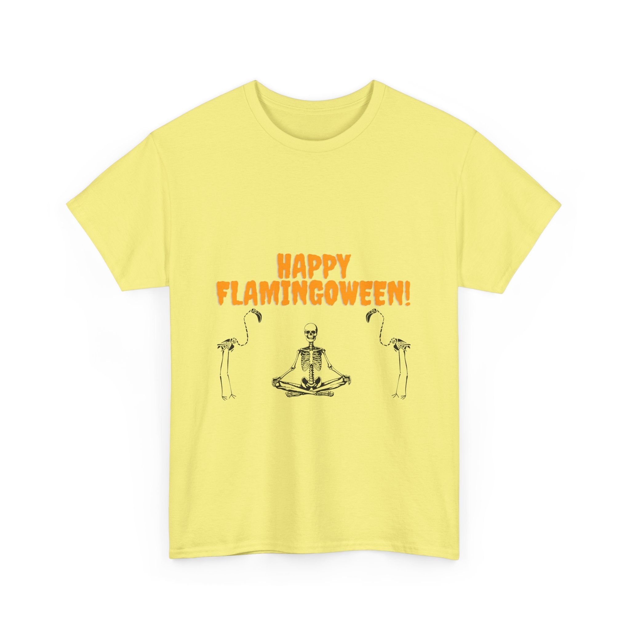 Happy Flamingoween Unisex Heavy Cotton Tee, Halloween T-Shirt, Funny Flamingo Shirt, Autumn Apparel, Unique Holiday Gift