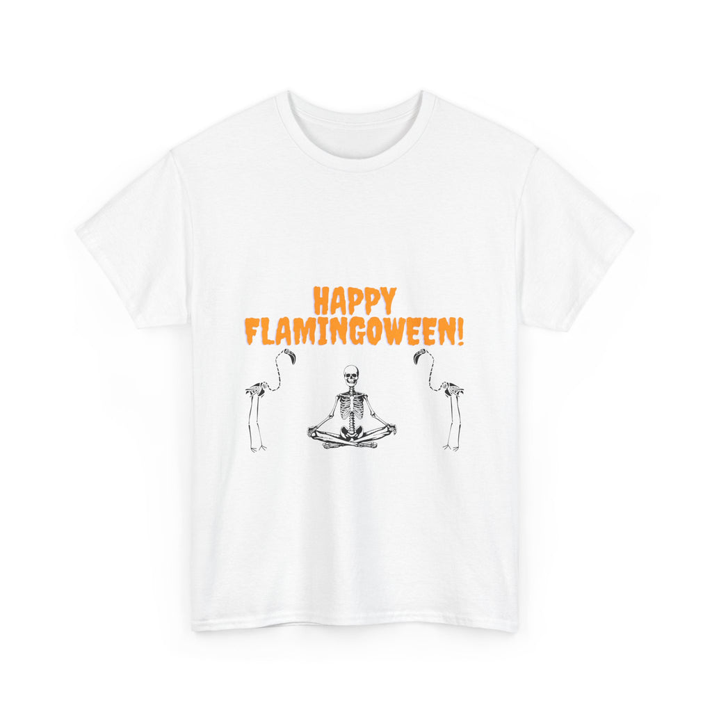 Happy Flamingoween Unisex Heavy Cotton Tee, Halloween T-Shirt, Funny Flamingo Shirt, Autumn Apparel, Unique Holiday Gift