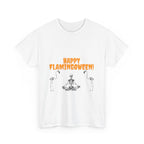Happy Flamingoween Unisex Heavy Cotton Tee, Halloween T-Shirt, Funny Flamingo Shirt, Autumn Apparel, Unique Holiday Gift
