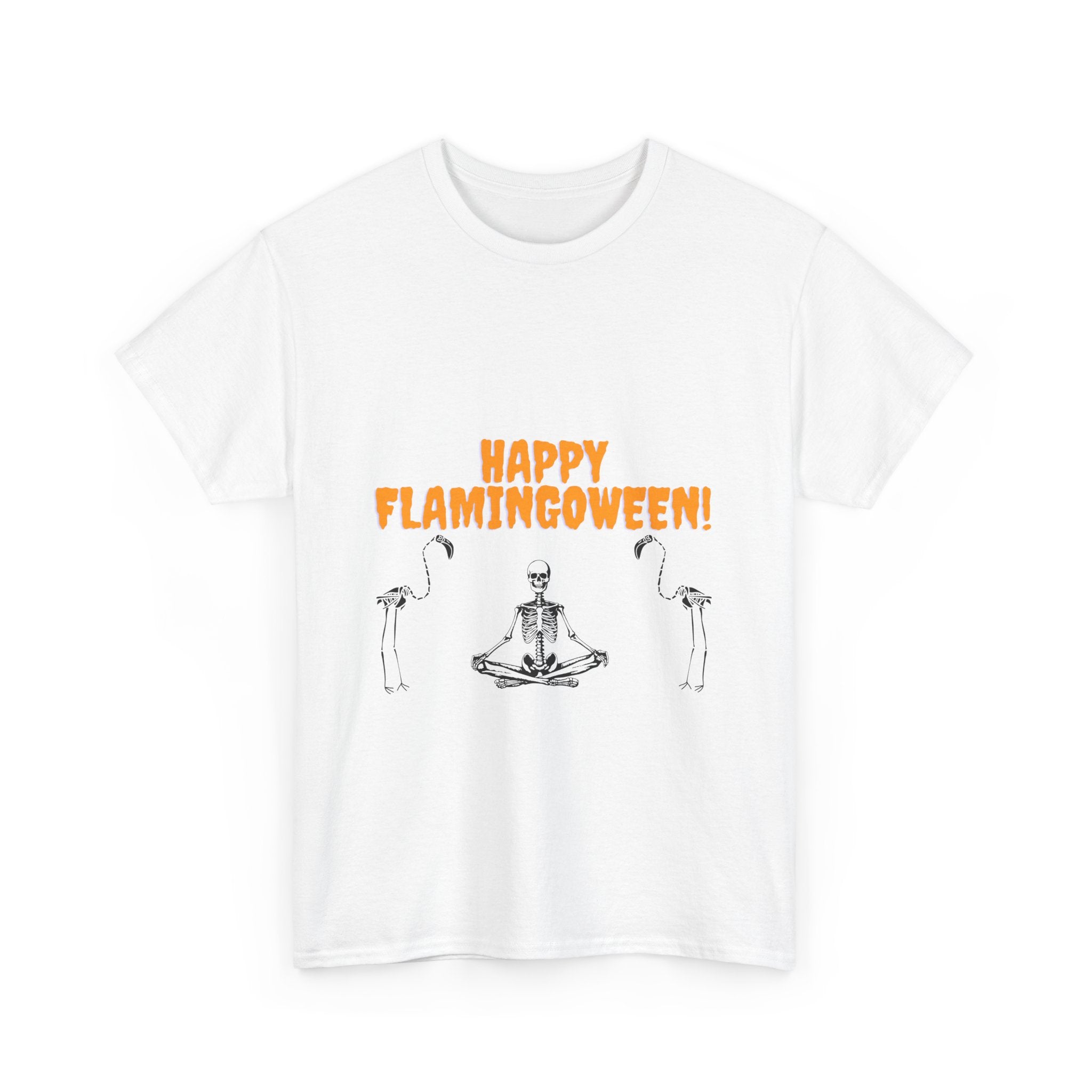 Happy Flamingoween Unisex Heavy Cotton Tee, Halloween T-Shirt, Funny Flamingo Shirt, Autumn Apparel, Unique Holiday Gift