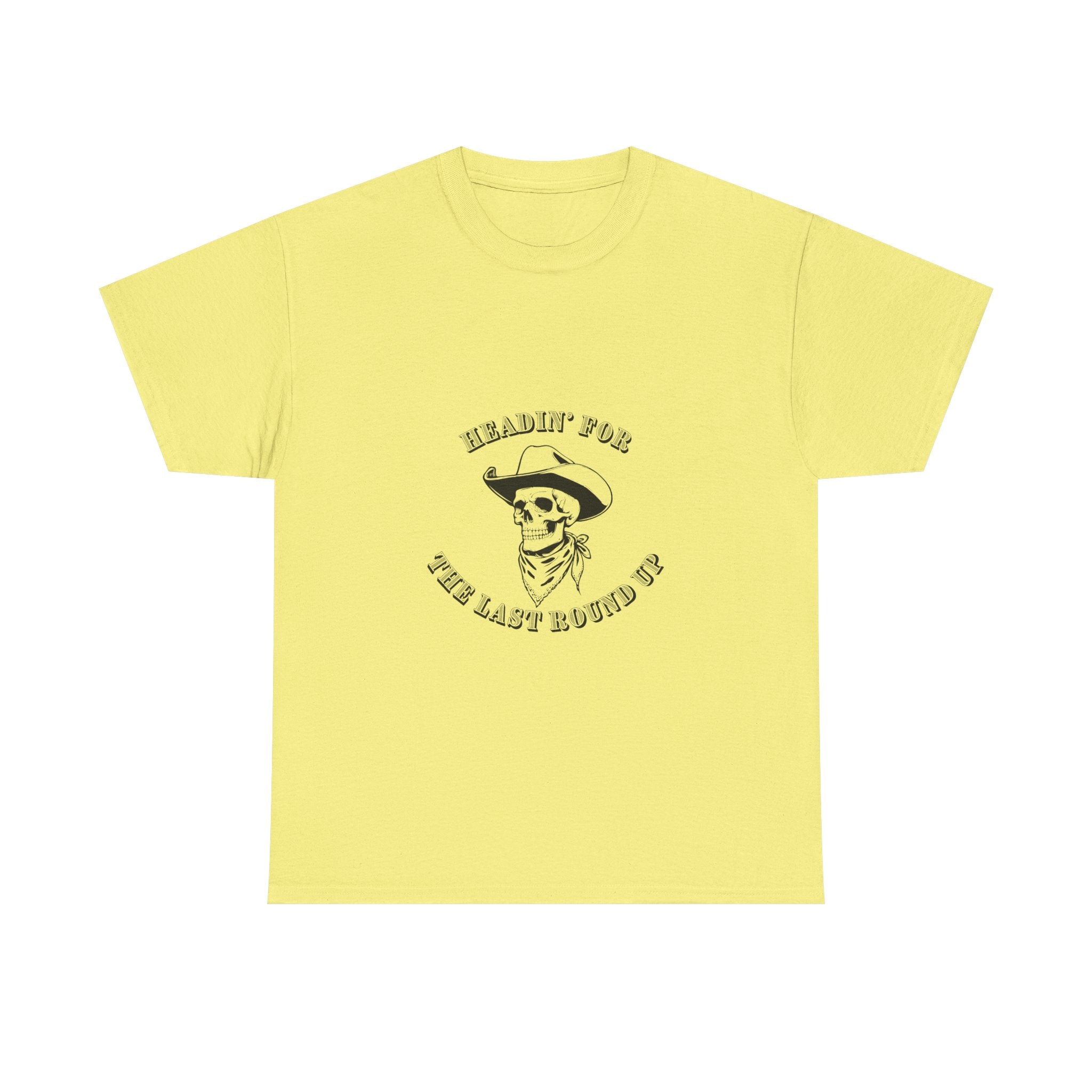 Unisex Heavy Cotton Tee - Headin' for the Last Round Up, Vintage Skull Shirt, Cool Graphic Tee, Perfect for Festivals, Casual Wear, [...]