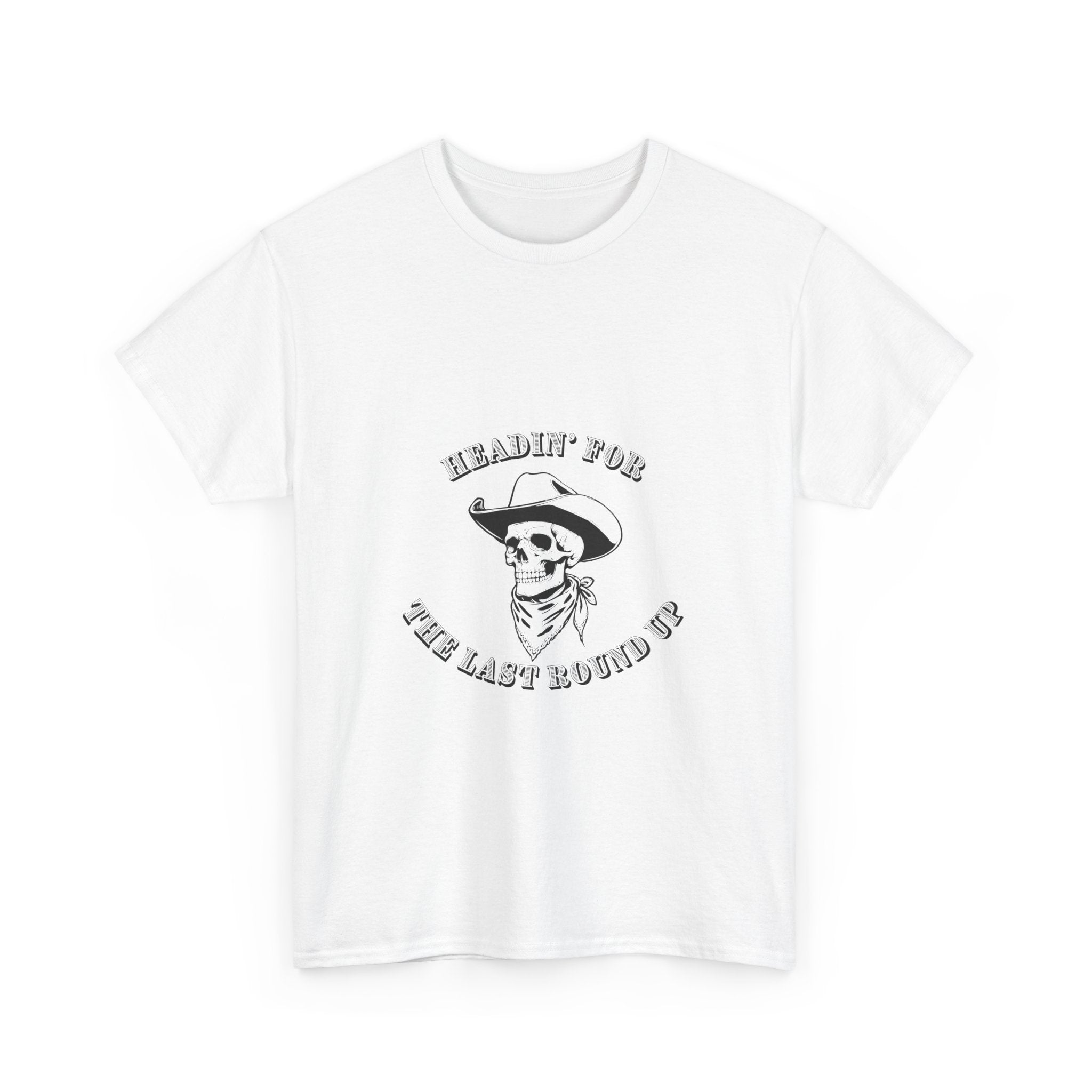 Unisex Heavy Cotton Tee - Headin' for the Last Round Up, Vintage Skull Shirt, Cool Graphic Tee, Perfect for Festivals, Casual Wear, [...]