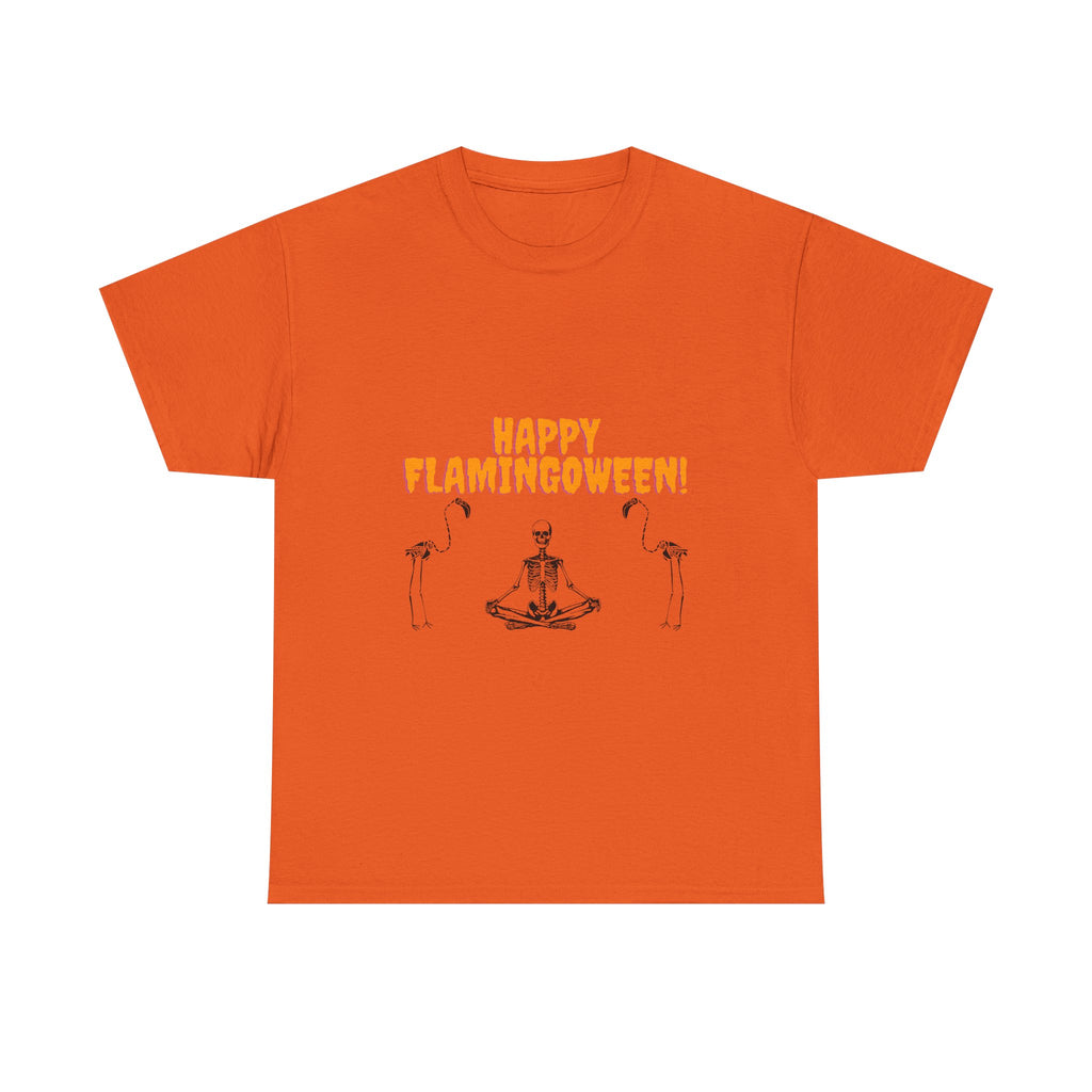 Happy Flamingoween Unisex Heavy Cotton Tee, Halloween T-Shirt, Funny Flamingo Shirt, Autumn Apparel, Unique Holiday Gift