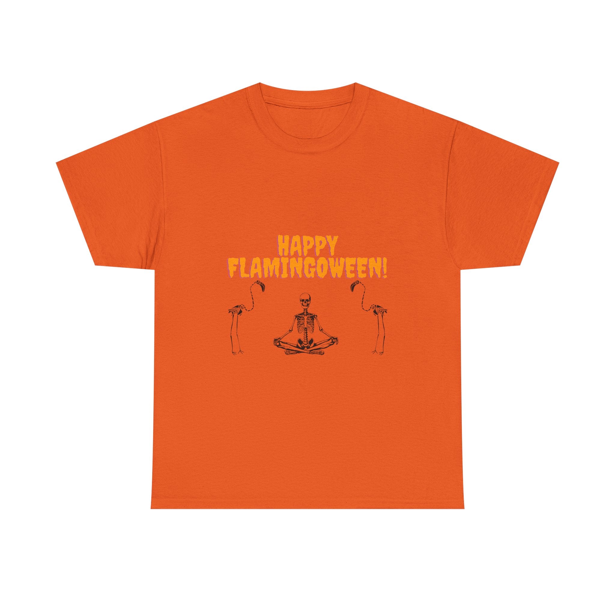 Happy Flamingoween Unisex Heavy Cotton Tee, Halloween T-Shirt, Funny Flamingo Shirt, Autumn Apparel, Unique Holiday Gift