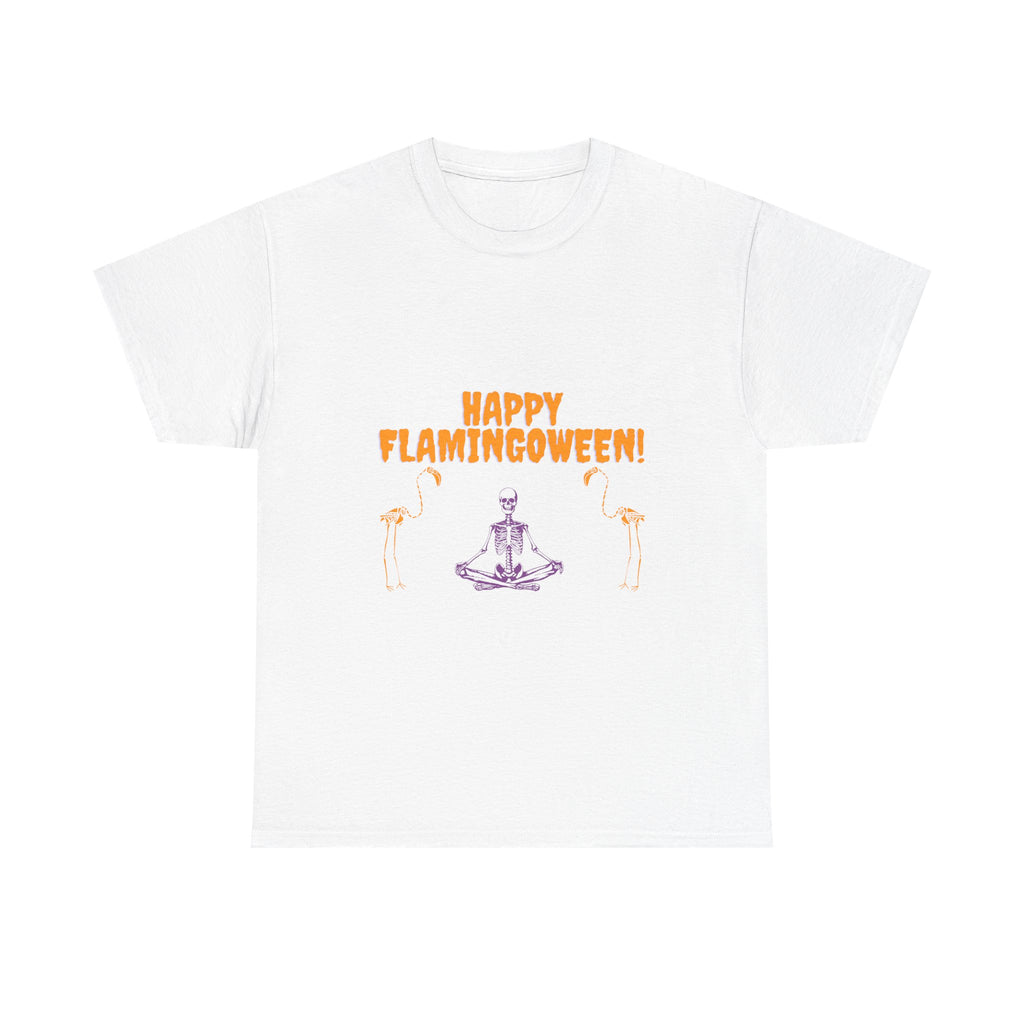 Happy Flamingoween Unisex Heavy Cotton Tee, Halloween Shirt, Casual Wear, Funny Tee, Gift for Fall Celebrations, Flamingo Lover T-Shirt