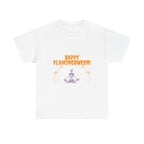 Happy Flamingoween Unisex Heavy Cotton Tee, Halloween Shirt, Casual Wear, Funny Tee, Gift for Fall Celebrations, Flamingo Lover T-Shirt