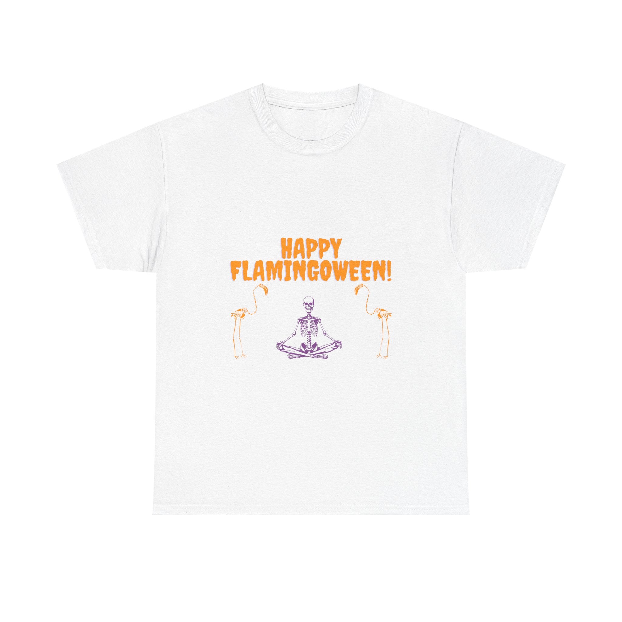 Happy Flamingoween Unisex Heavy Cotton Tee, Halloween Shirt, Casual Wear, Funny Tee, Gift for Fall Celebrations, Flamingo Lover T-Shirt