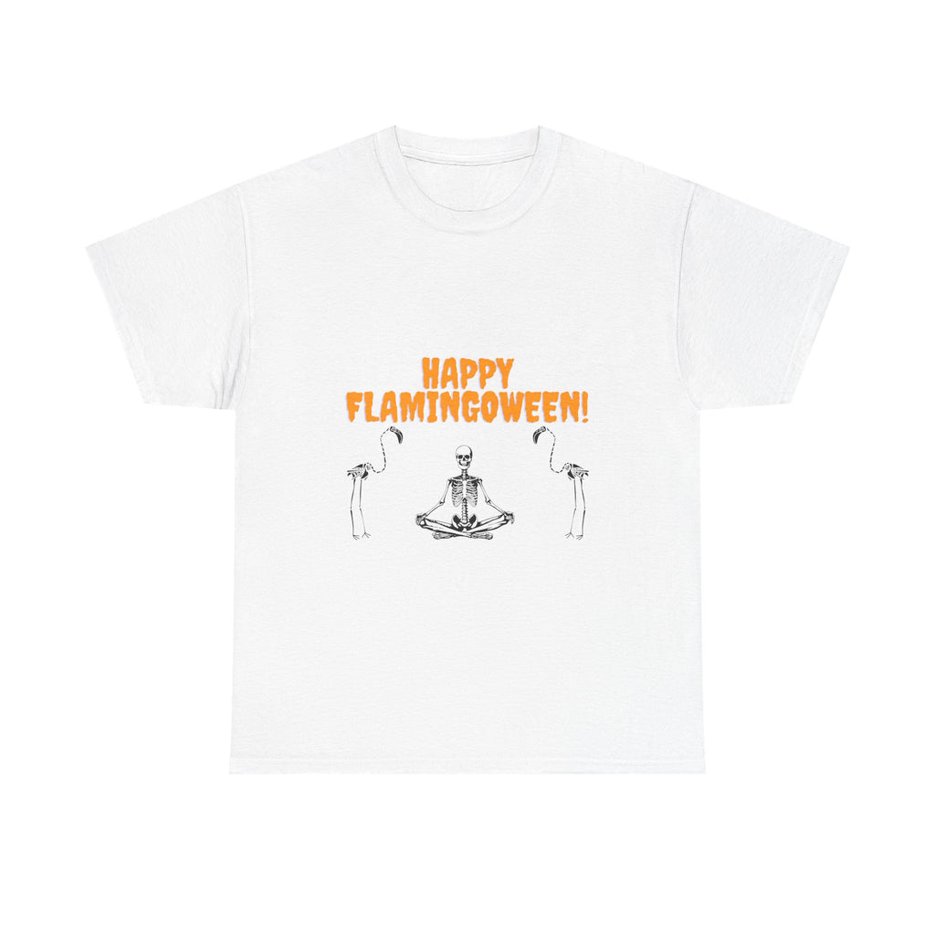 Happy Flamingoween Unisex Heavy Cotton Tee, Halloween T-Shirt, Funny Flamingo Shirt, Autumn Apparel, Unique Holiday Gift