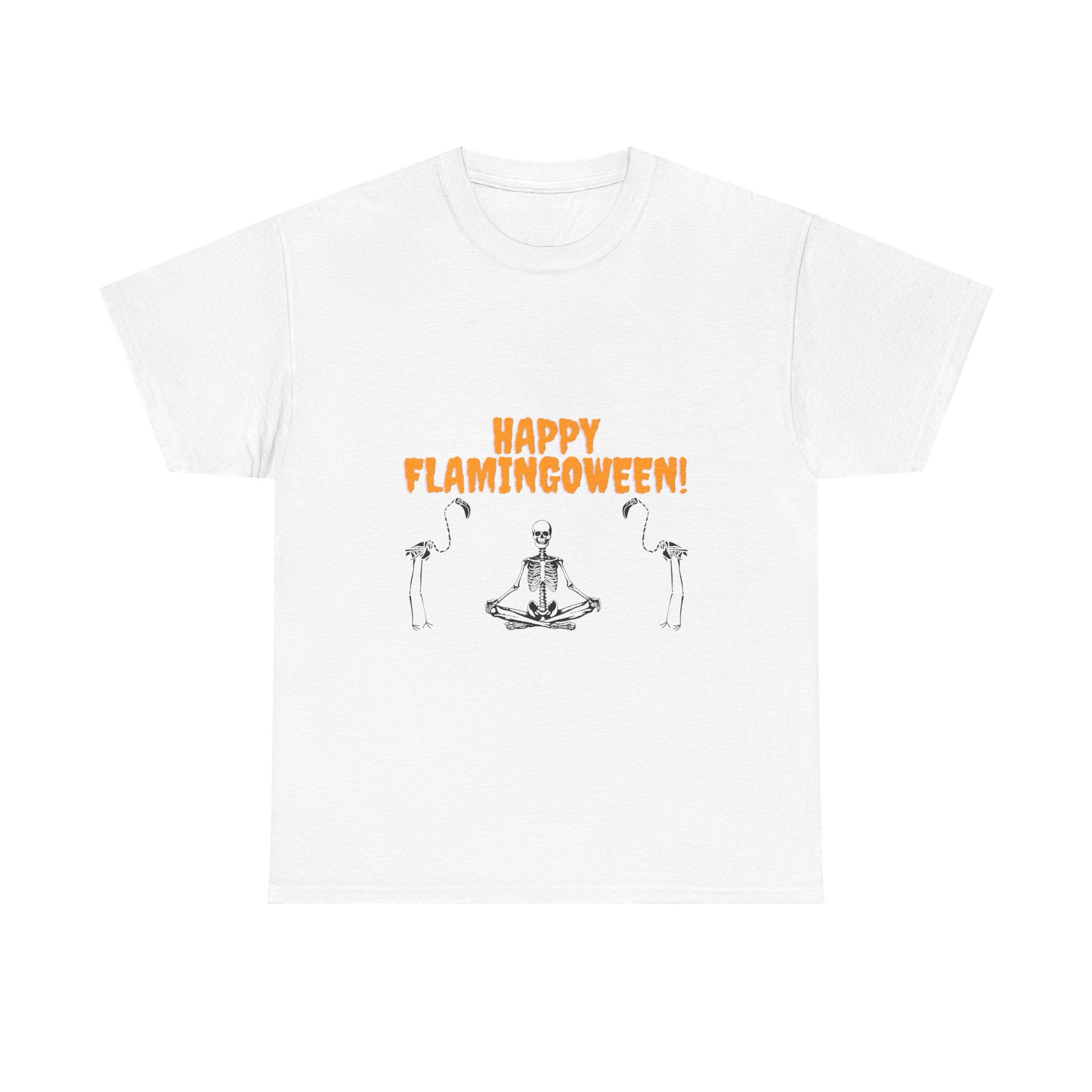 Happy Flamingoween Unisex Heavy Cotton Tee, Halloween T-Shirt, Funny Flamingo Shirt, Autumn Apparel, Unique Holiday Gift