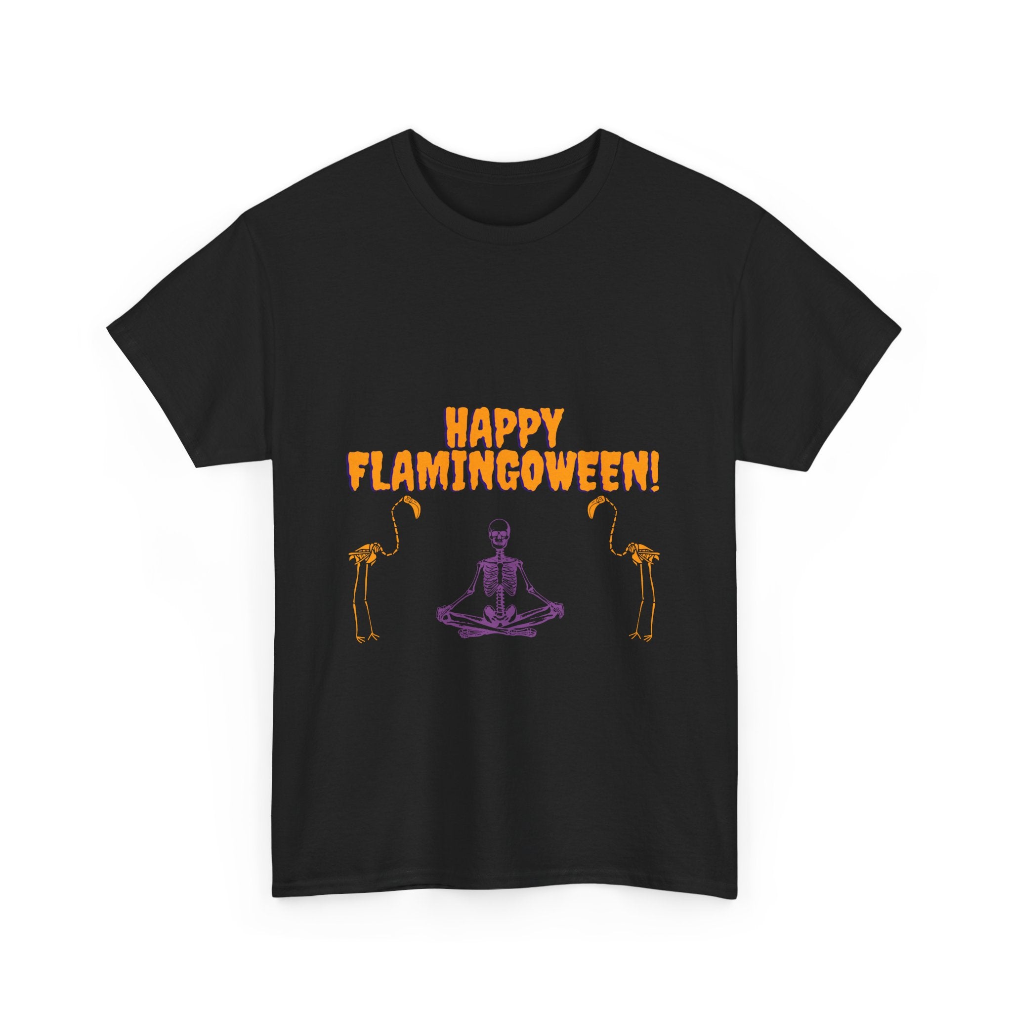 Happy Flamingoween Unisex Heavy Cotton Tee, Halloween Shirt, Casual Wear, Funny Tee, Gift for Fall Celebrations, Flamingo Lover T-Shirt