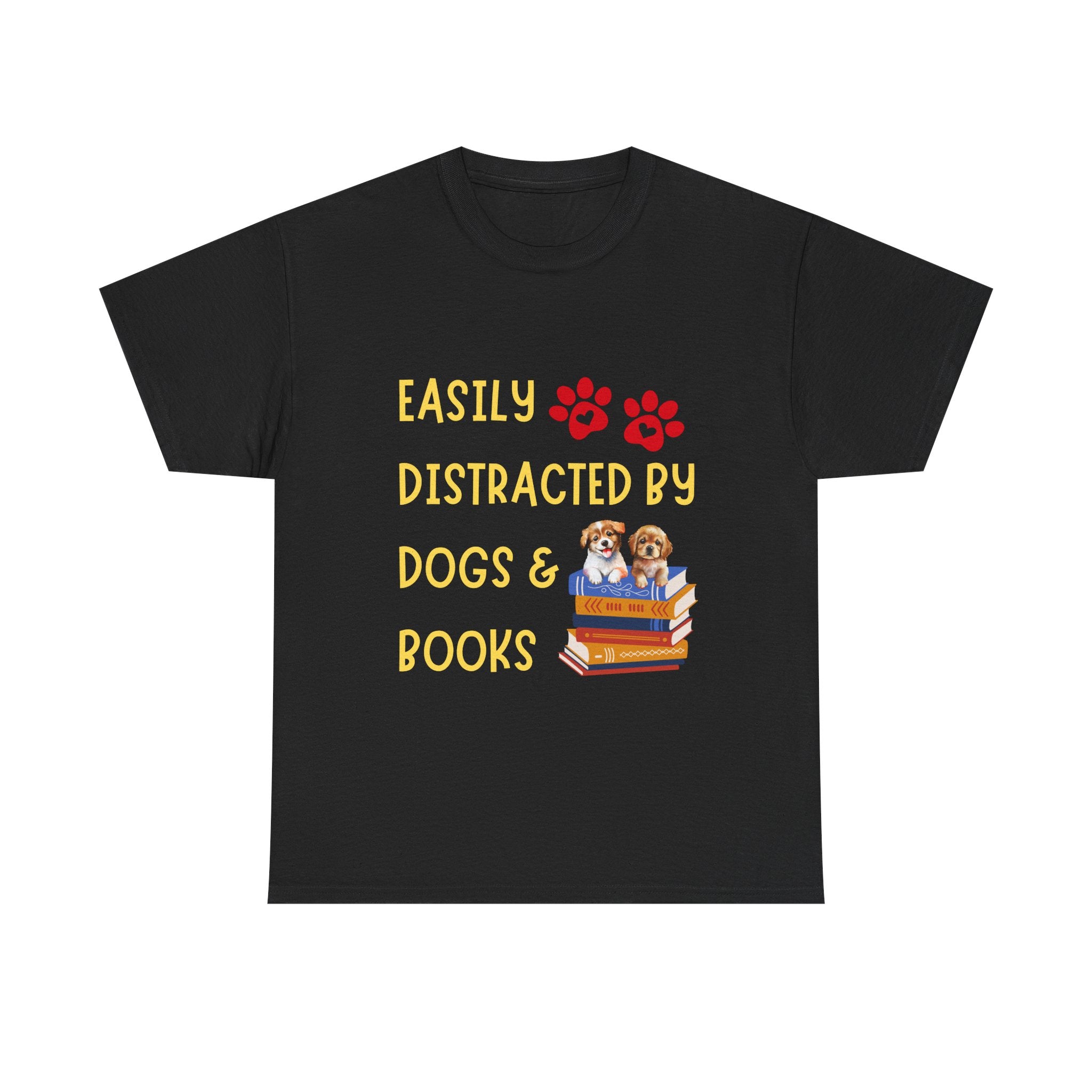 Easily Distracted by Dogs & Books Tee, Unisex Cotton T-Shirt for Dog Lovers, Bookworm Gift, Ideal for Readers, Casual Wear