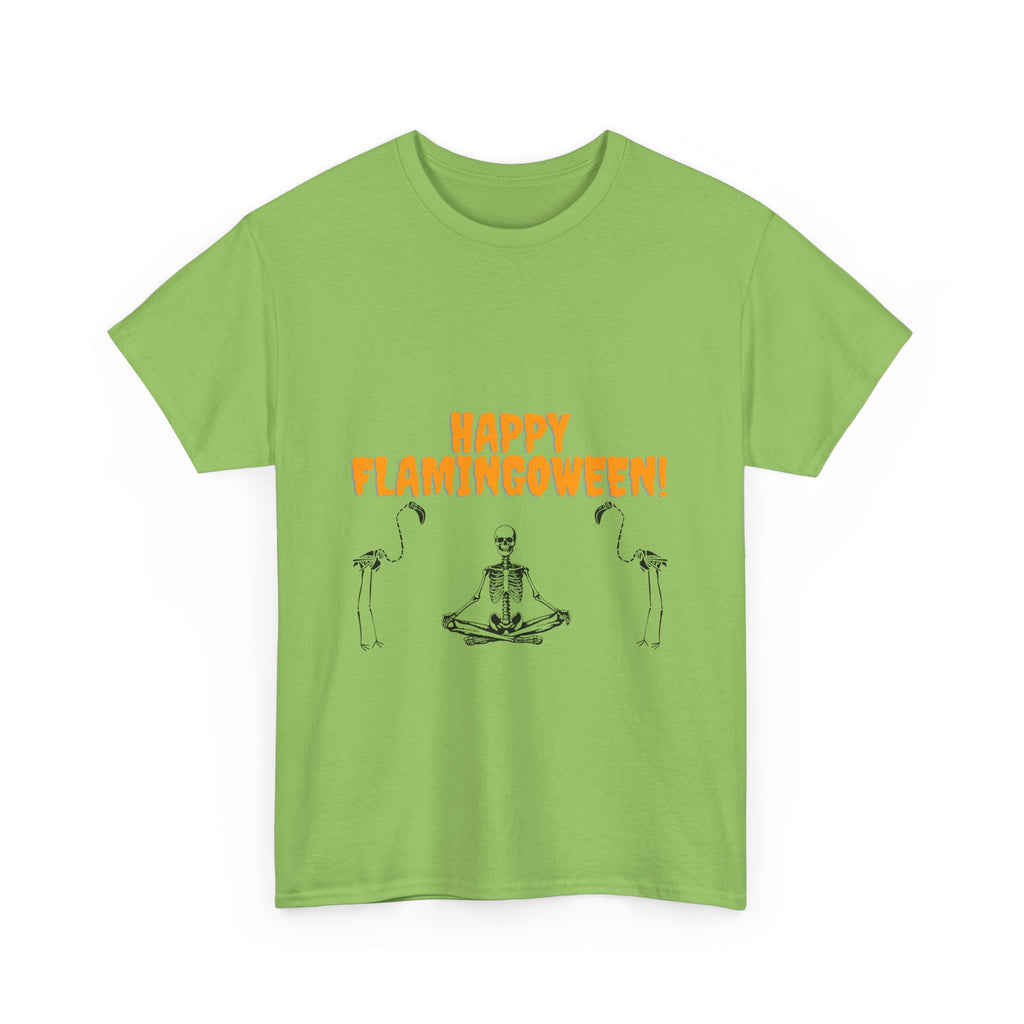 Happy Flamingoween Unisex Heavy Cotton Tee, Halloween T-Shirt, Funny Flamingo Shirt, Autumn Apparel, Unique Holiday Gift