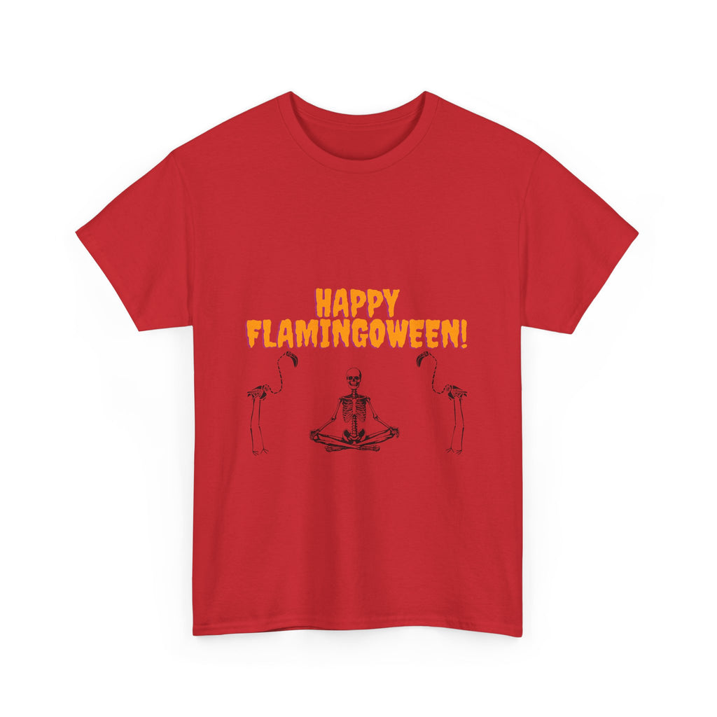 Happy Flamingoween Unisex Heavy Cotton Tee, Halloween T-Shirt, Funny Flamingo Shirt, Autumn Apparel, Unique Holiday Gift