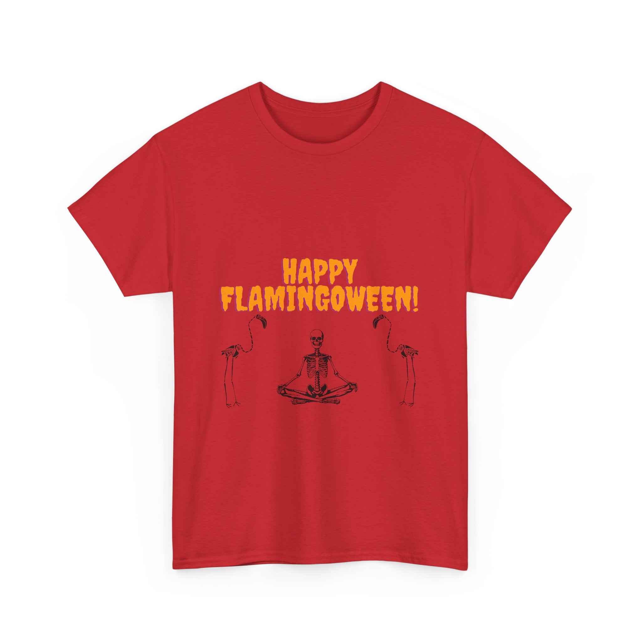 Happy Flamingoween Unisex Heavy Cotton Tee, Halloween T-Shirt, Funny Flamingo Shirt, Autumn Apparel, Unique Holiday Gift