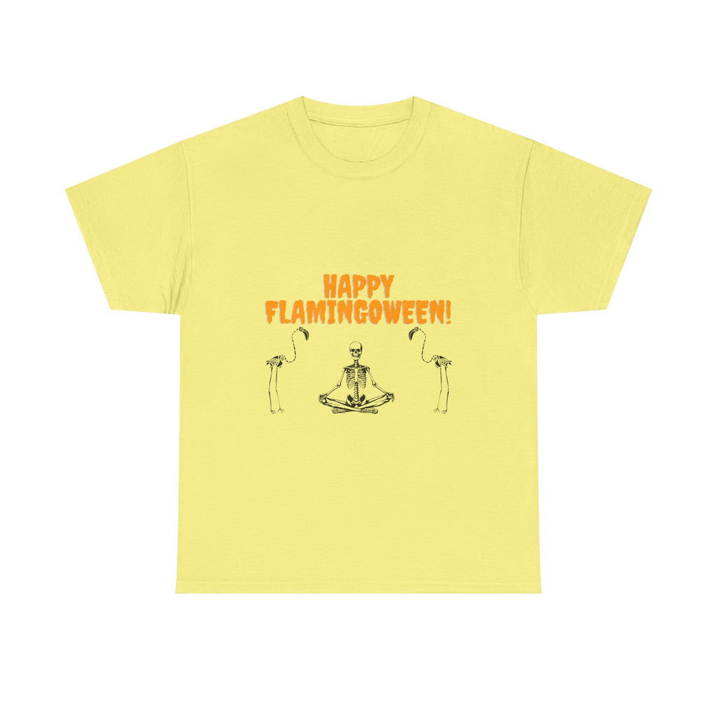 Happy Flamingoween Unisex Heavy Cotton Tee, Halloween T-Shirt, Funny Flamingo Shirt, Autumn Apparel, Unique Holiday Gift