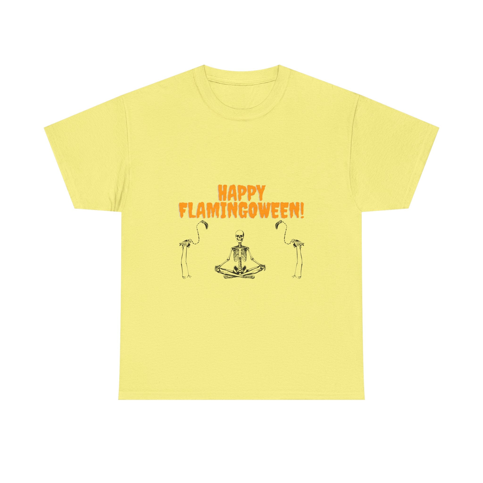 Happy Flamingoween Unisex Heavy Cotton Tee, Halloween T-Shirt, Funny Flamingo Shirt, Autumn Apparel, Unique Holiday Gift