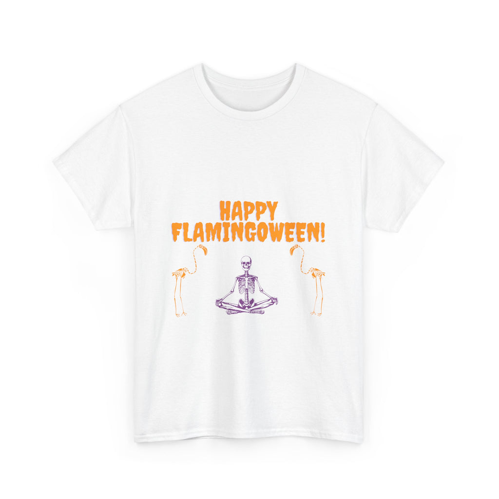 Happy Flamingoween Unisex Heavy Cotton Tee, Halloween Shirt, Casual Wear, Funny Tee, Gift for Fall Celebrations, Flamingo Lover T-Shirt