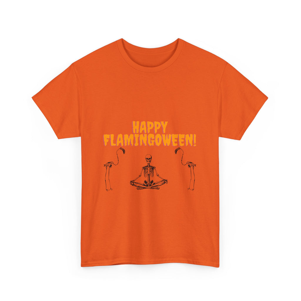 Happy Flamingoween Unisex Heavy Cotton Tee, Halloween T-Shirt, Funny Flamingo Shirt, Autumn Apparel, Unique Holiday Gift