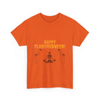 Happy Flamingoween Unisex Heavy Cotton Tee, Halloween T-Shirt, Funny Flamingo Shirt, Autumn Apparel, Unique Holiday Gift