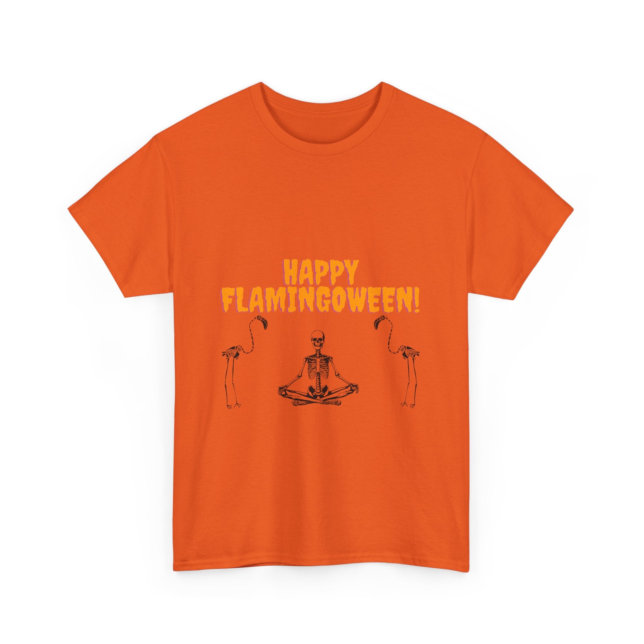 Happy Flamingoween Unisex Heavy Cotton Tee, Halloween T-Shirt, Funny Flamingo Shirt, Autumn Apparel, Unique Holiday Gift