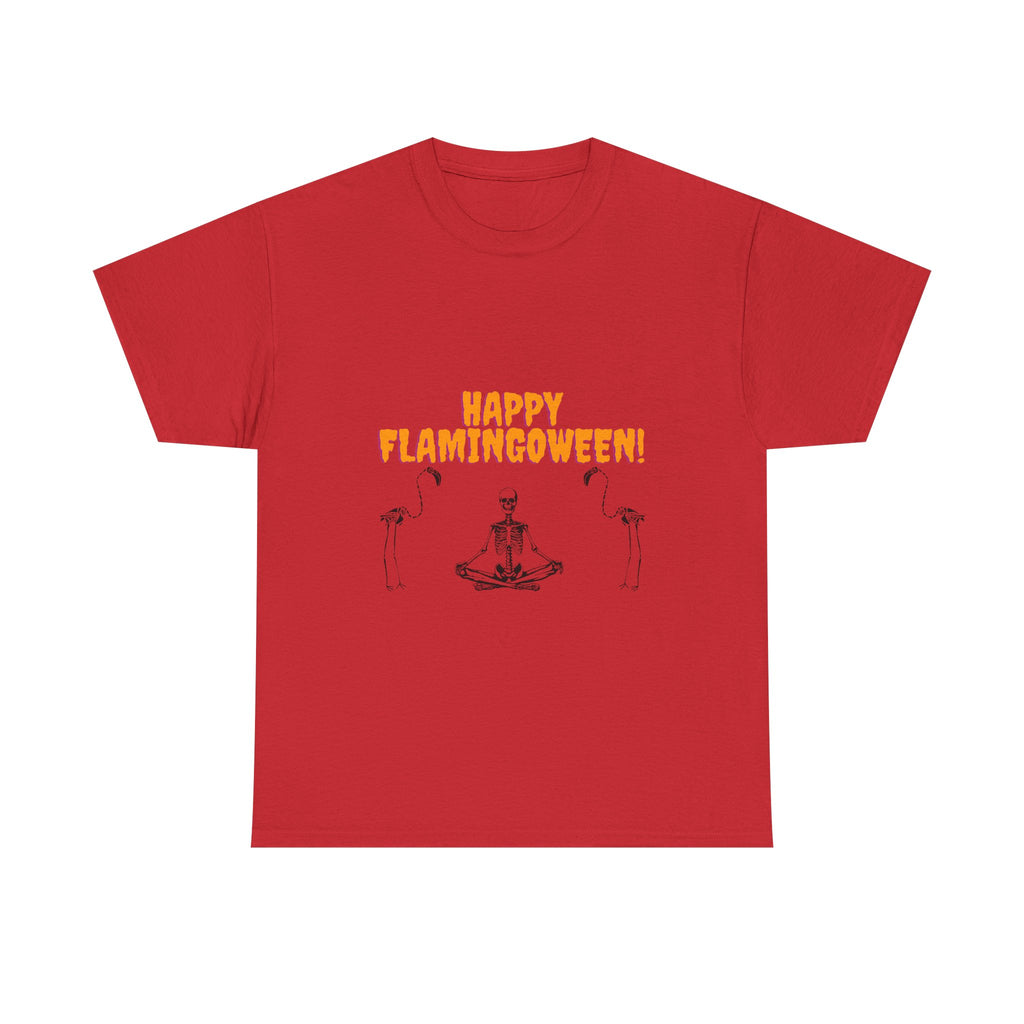 Happy Flamingoween Unisex Heavy Cotton Tee, Halloween T-Shirt, Funny Flamingo Shirt, Autumn Apparel, Unique Holiday Gift