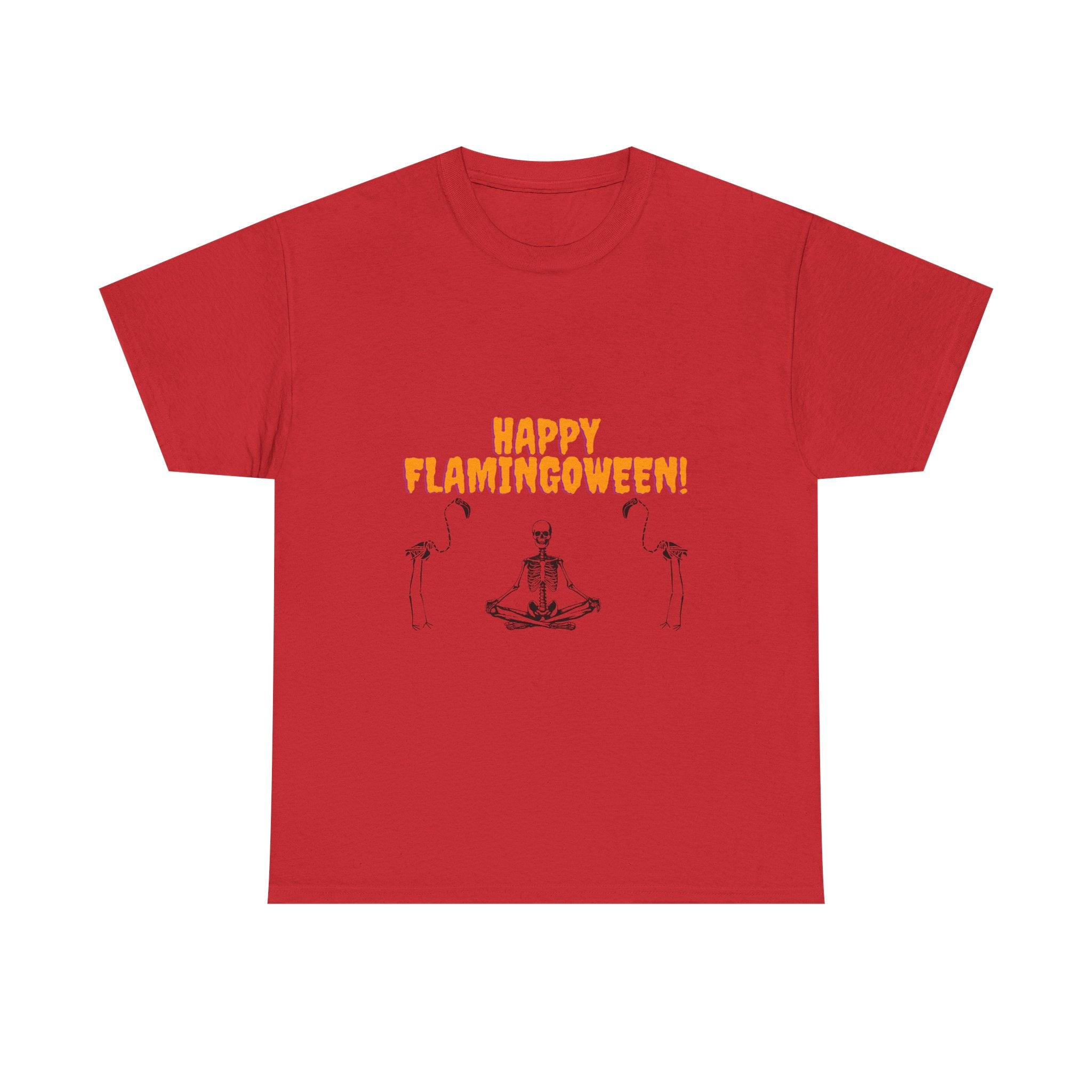 Happy Flamingoween Unisex Heavy Cotton Tee, Halloween T-Shirt, Funny Flamingo Shirt, Autumn Apparel, Unique Holiday Gift